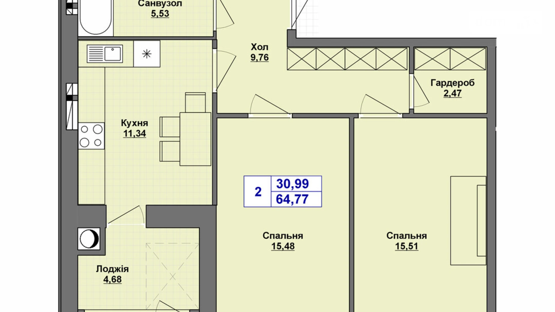 Продается 2-комнатная квартира 64.77 кв. м в Хмельницком, Старокостянтиновское шоссе, 5/5 - фото 2