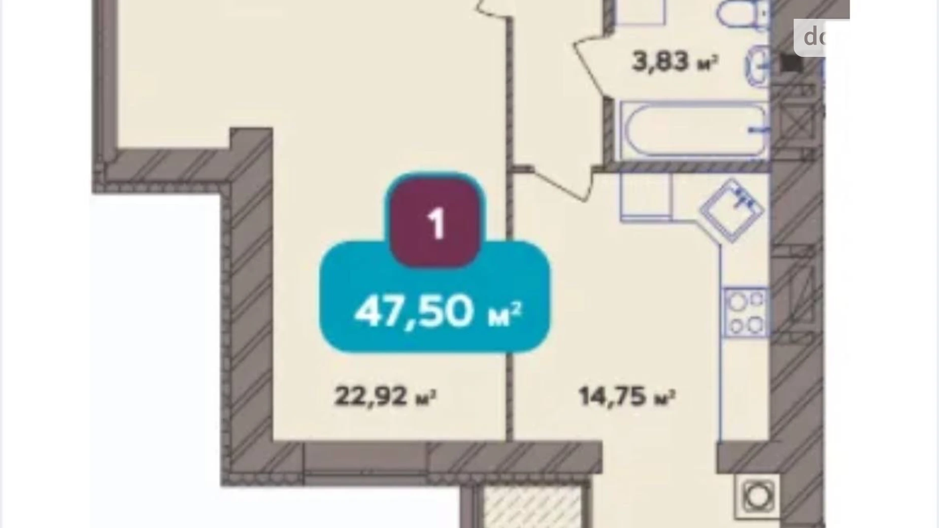 Продается 1-комнатная квартира 49.5 кв. м в, цена: 37500 $ - фото 2