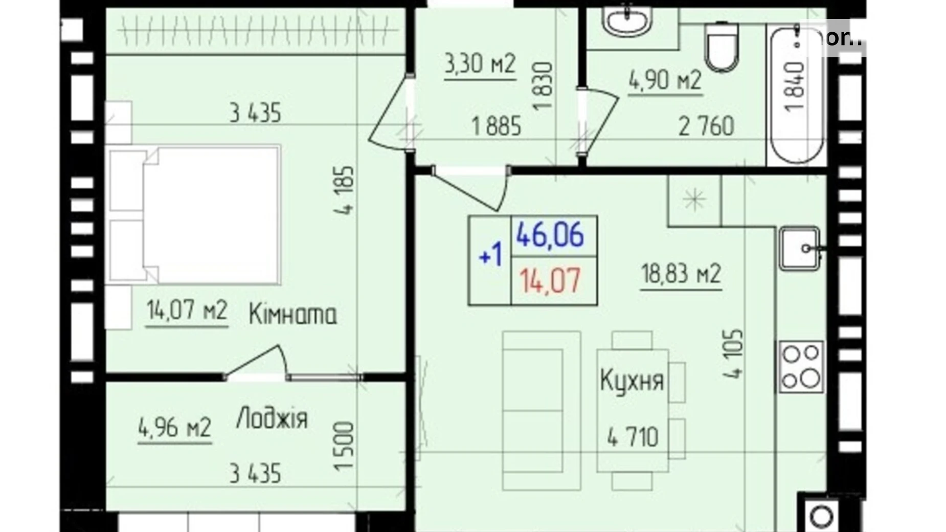 Продается 1-комнатная квартира 46.06 кв. м в Хмельницком, ул. Ярослава Мудрого, 15 - фото 2