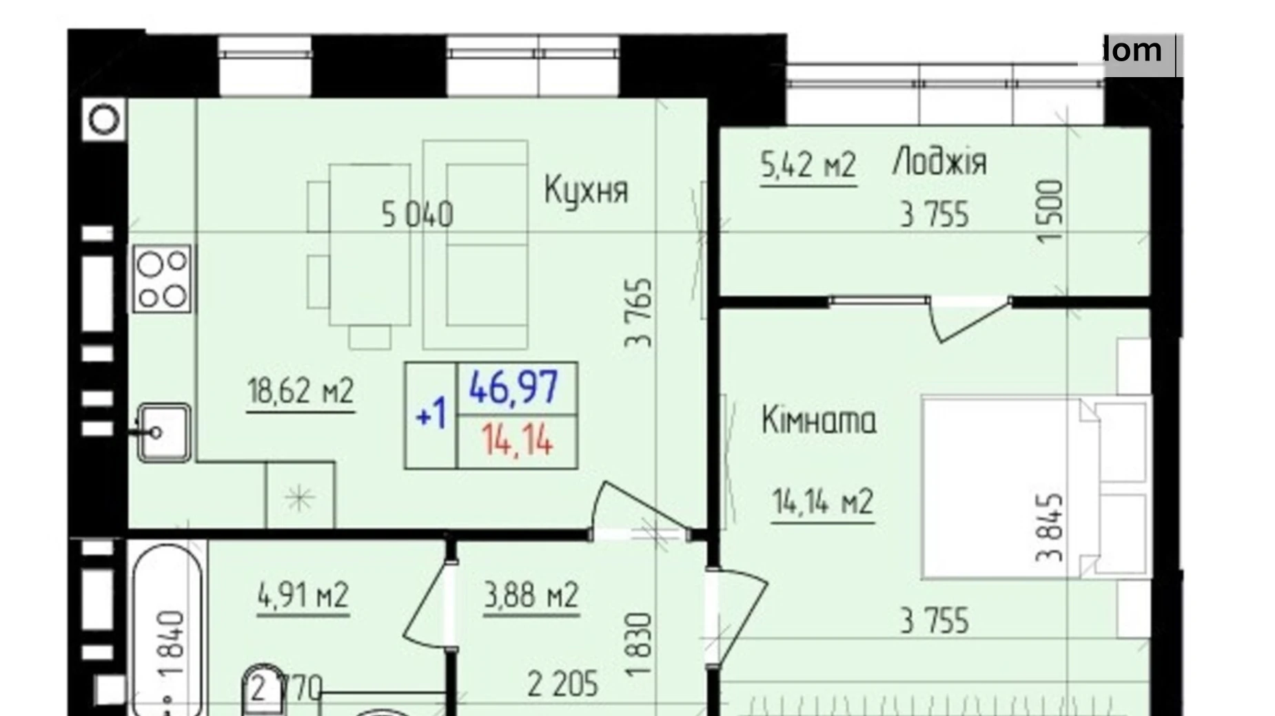 Продається 1-кімнатна квартира 46.97 кв. м у Хмельницькому, вул. Ярослава Мудрого, 15 - фото 2