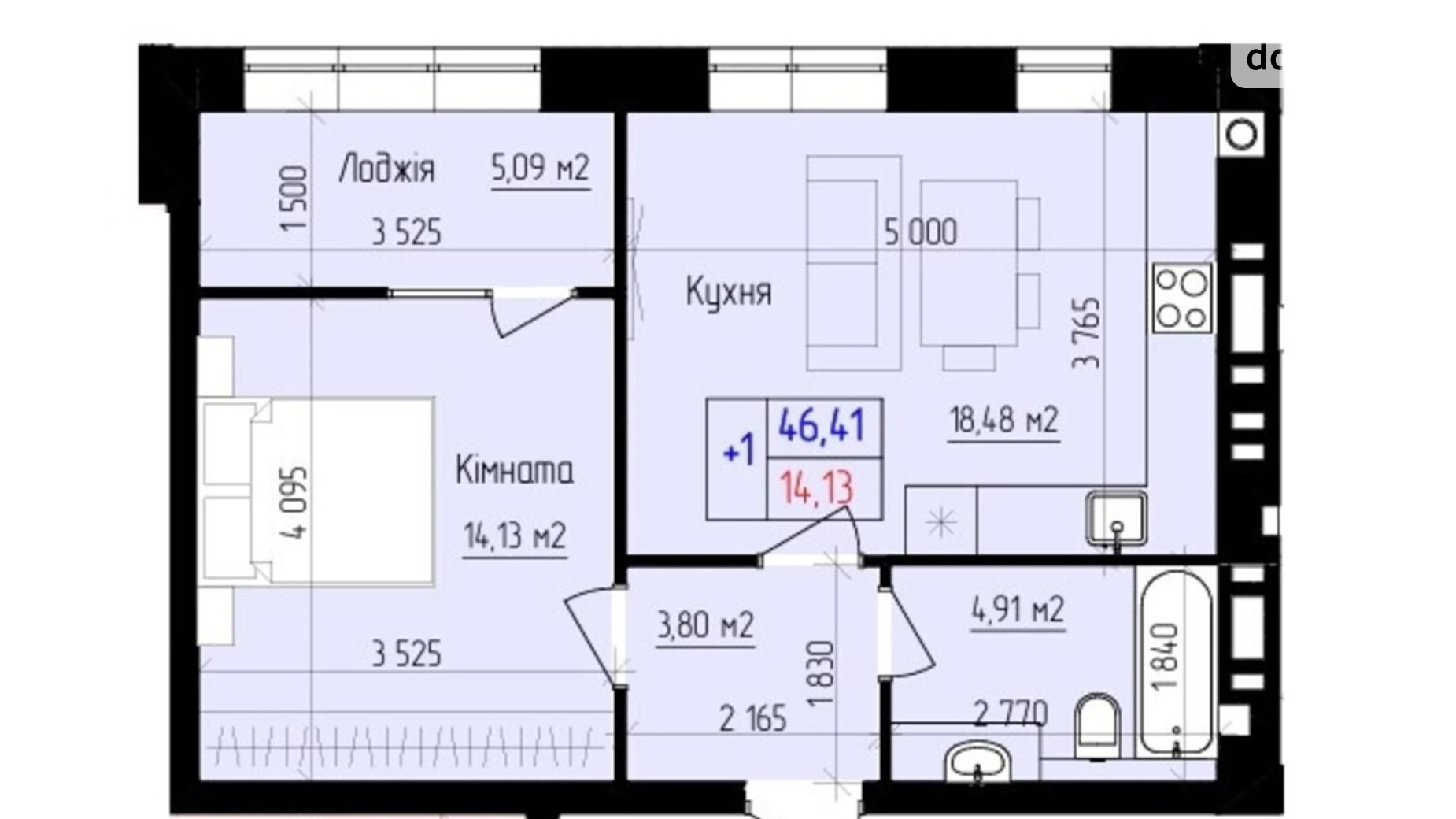 Продается 1-комнатная квартира 46.41 кв. м в Хмельницком, ул. Ярослава Мудрого, 15 - фото 2