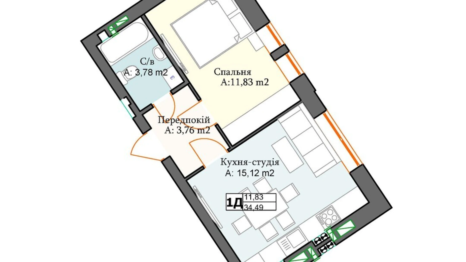 Продается 1-комнатная квартира 34.49 кв. м в, цена: 51735 $ - фото 2