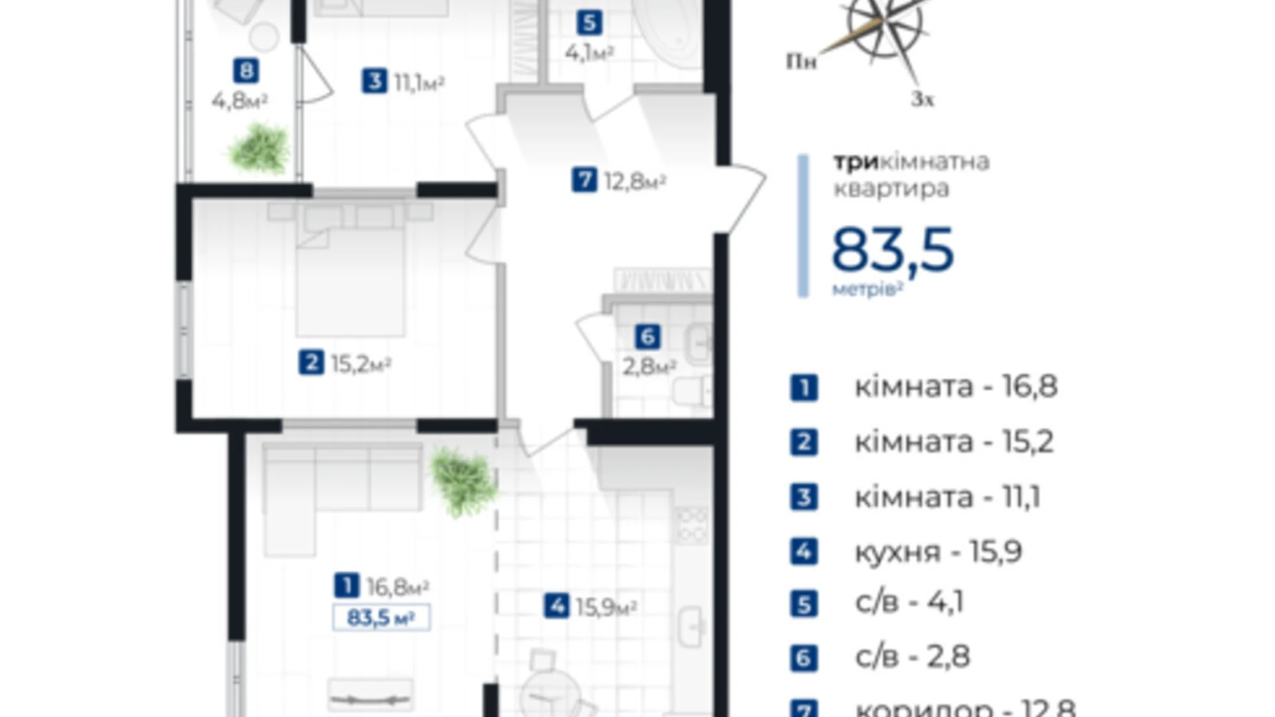 Продається 3-кімнатна квартира 83.5 кв. м у Івано-Франківську, вул. Хоткевича Гната - фото 2