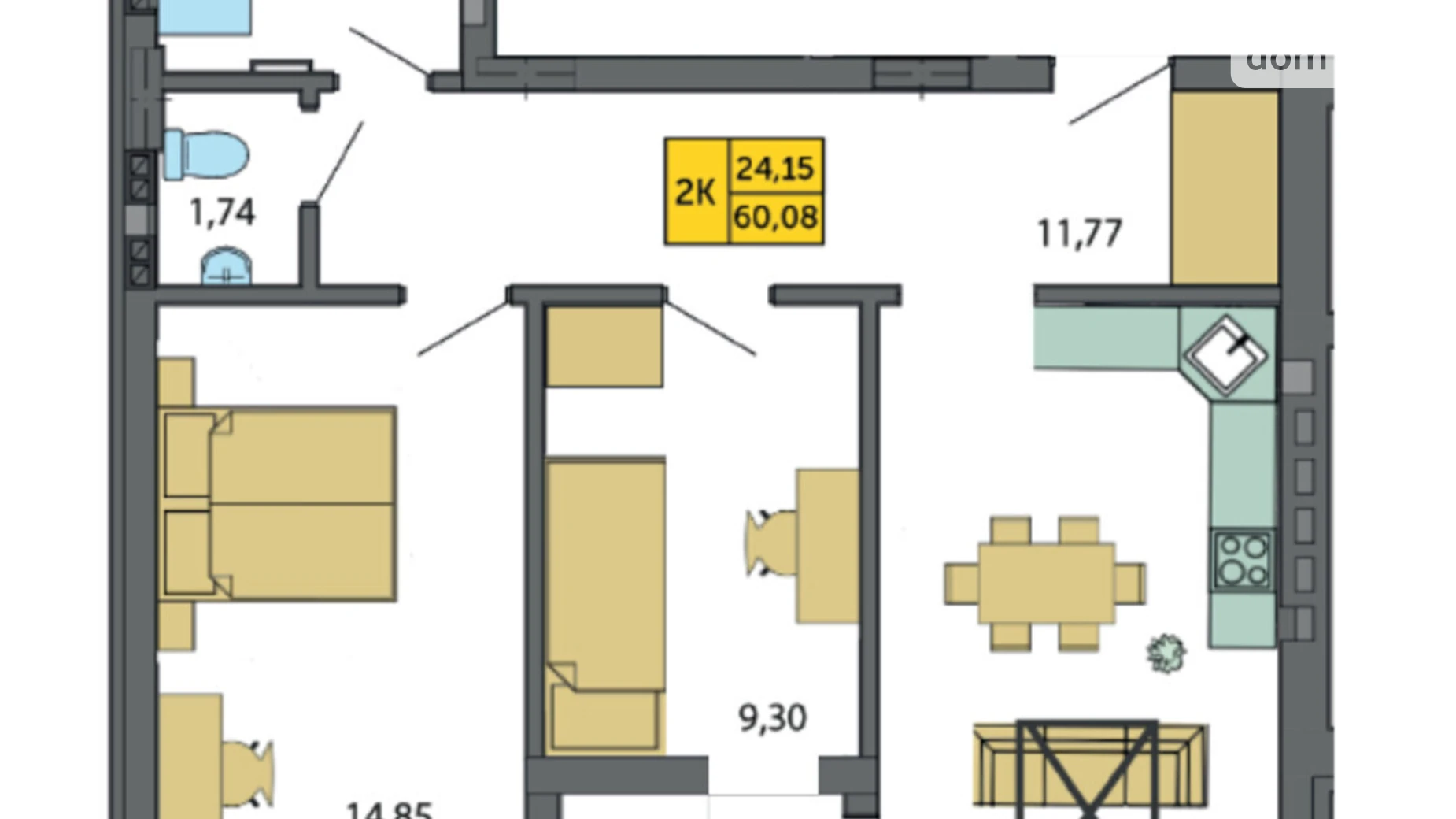 Продается 2-комнатная квартира 60.08 кв. м в Струмовке, цена: 51972 $ - фото 2