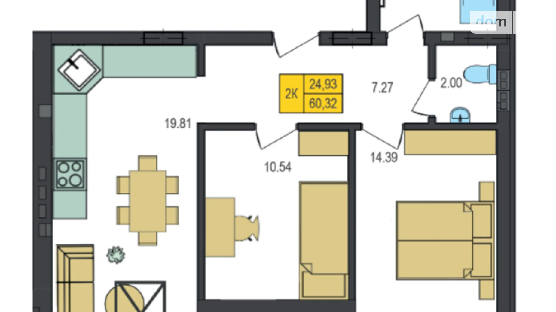 Продается 2-комнатная квартира 60.32 кв. м в Струмовке, цена: 52180 $ - фото 2