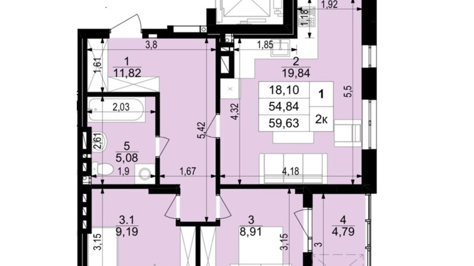 2-комнатная квартира 59.49 кв. м в Тернополе, ул. Стецька Ярослава, 20Б - фото 2