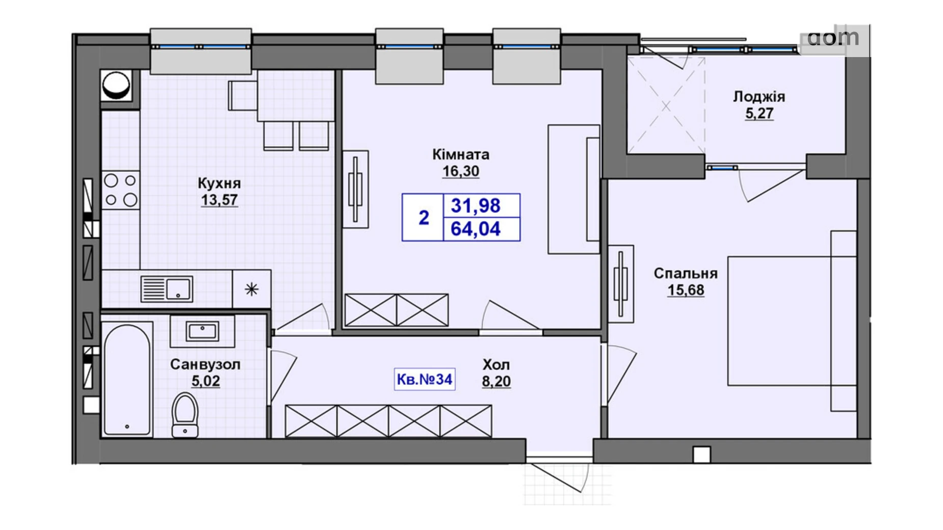 Продается 2-комнатная квартира 64.04 кв. м в Хмельницком, Старокостянтиновское шоссе, 5/5 - фото 2