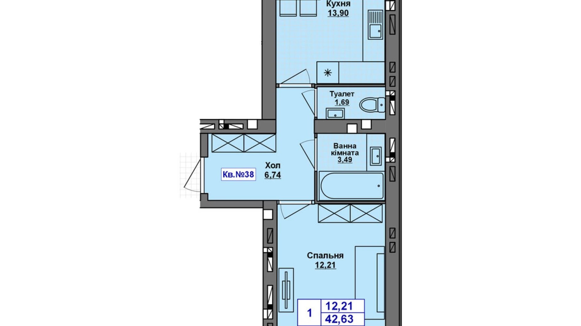 Продается 1-комнатная квартира 42.63 кв. м в Хмельницком, Старокостянтиновское шоссе, 5/5 - фото 2