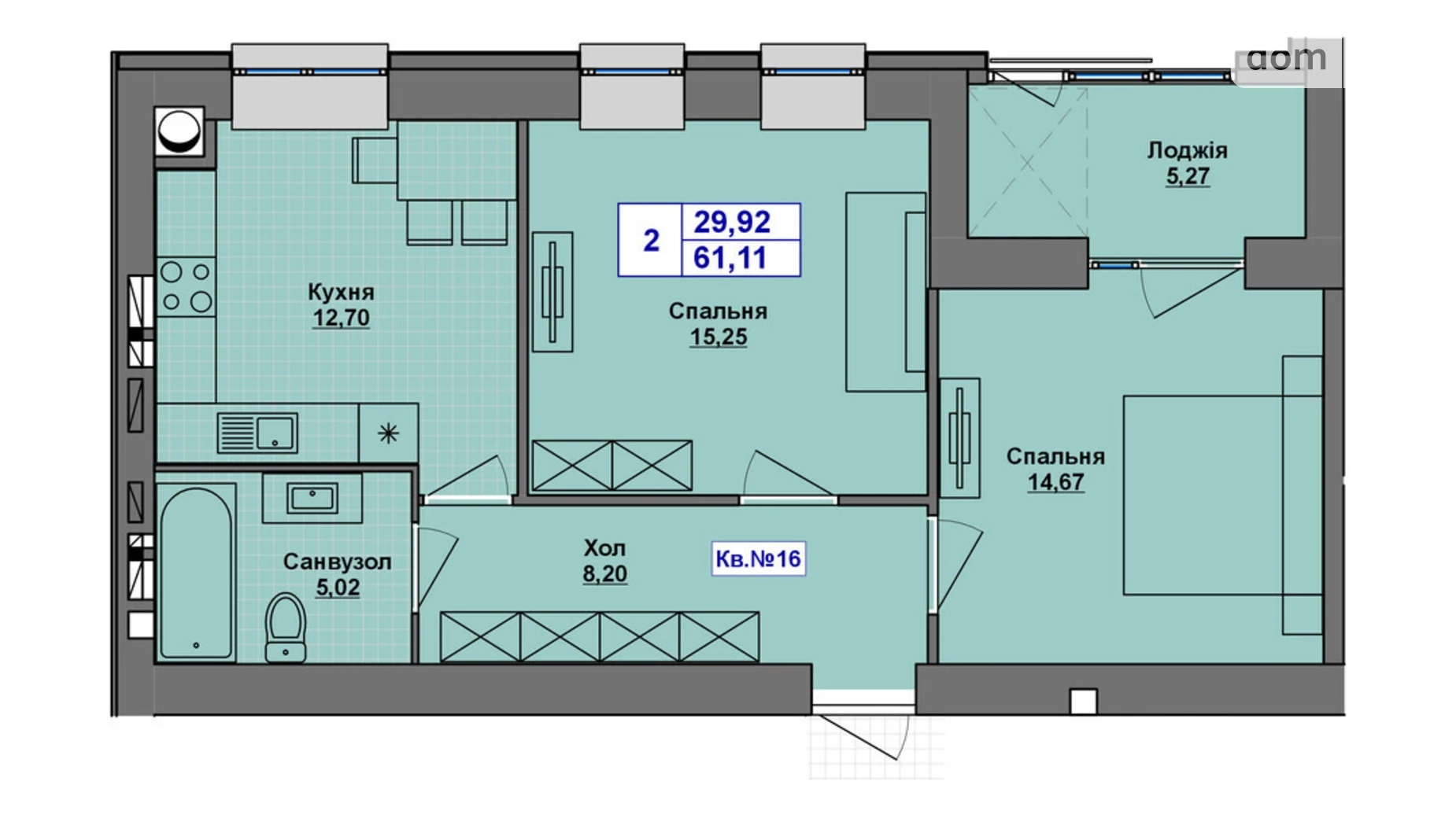 Продается 2-комнатная квартира 61.11 кв. м в Хмельницком, Старокостянтиновское шоссе, 5/5 - фото 2