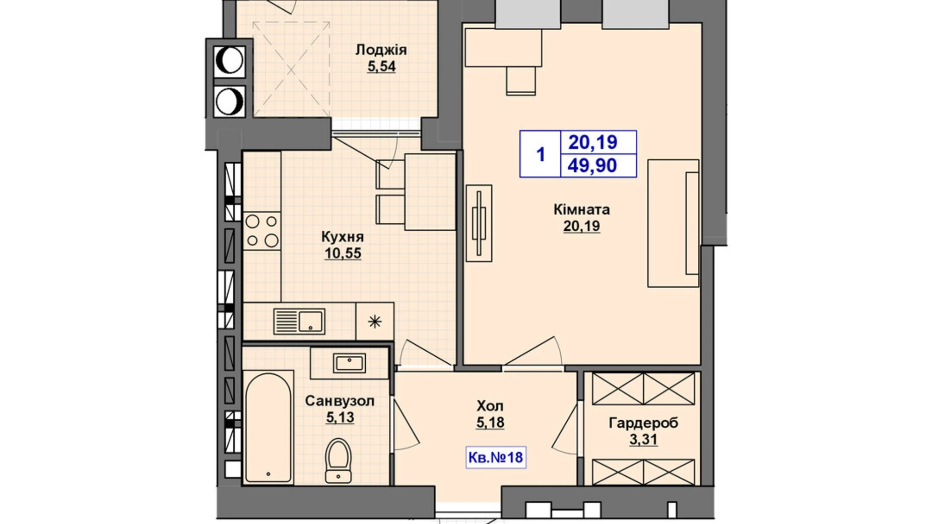 Продается 1-комнатная квартира 49.9 кв. м в Хмельницком, Старокостянтиновское шоссе, 5/5 - фото 2