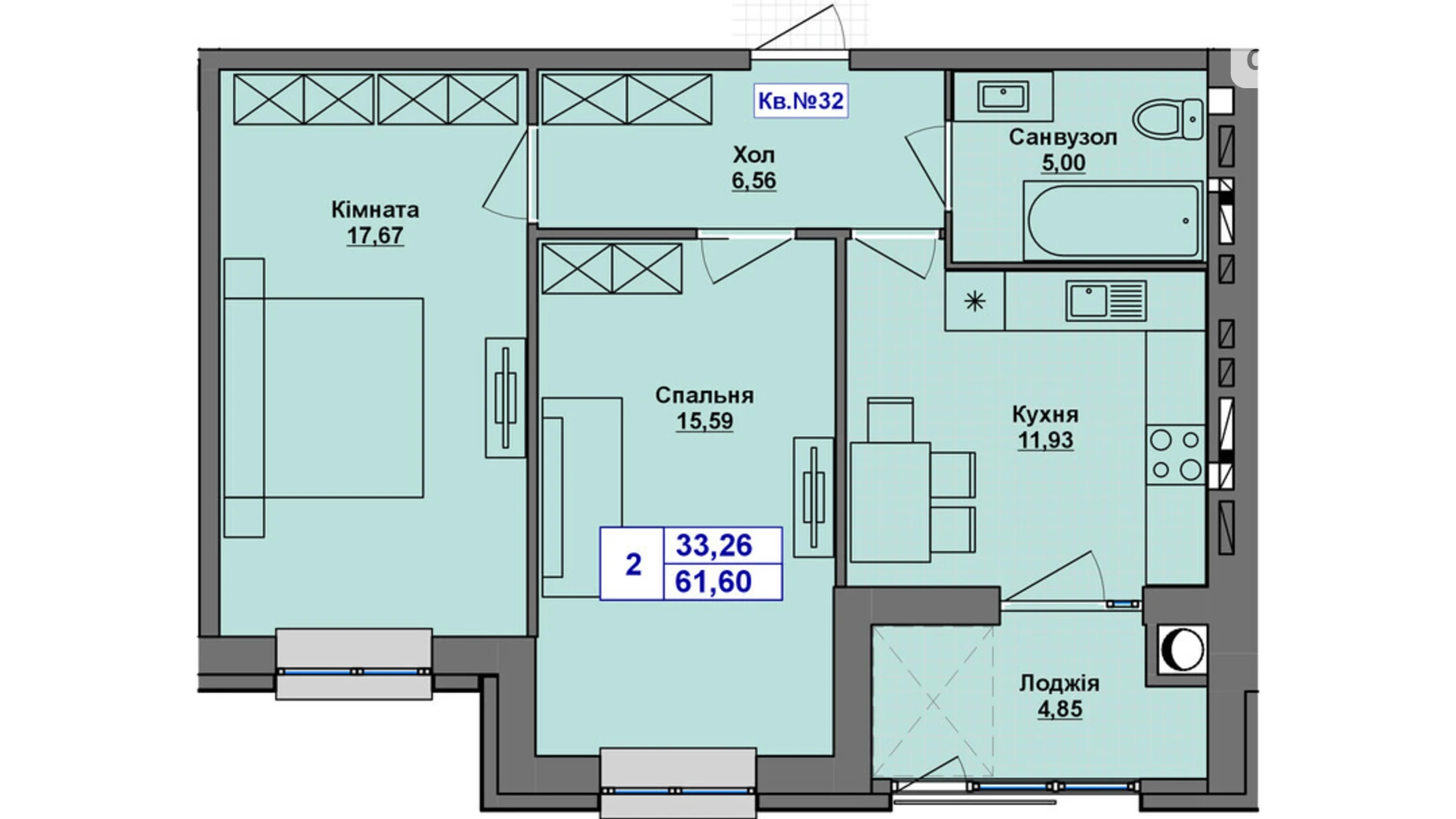 Продается 2-комнатная квартира 61.6 кв. м в Хмельницком, Старокостянтиновское шоссе, 5/5 - фото 2