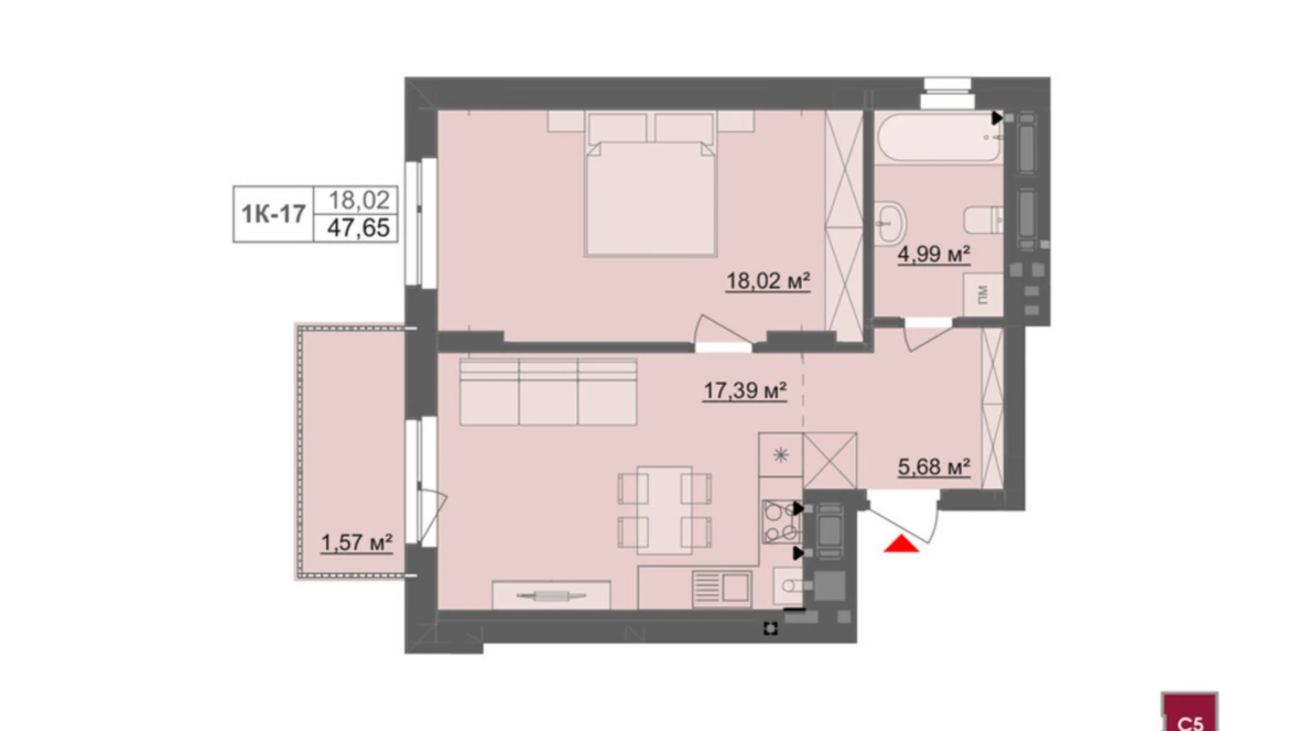 Продается 1-комнатная квартира 47.65 кв. м в Черновцах, ул. Мизюна Григория, 20 - фото 2