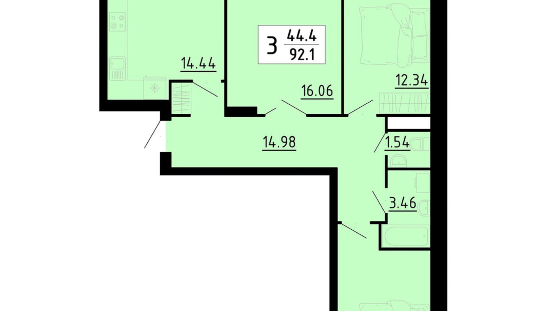 3-комнатная квартира 92.1 кв. м в Тернополе, ул. Энергетическая, 5 - фото 2
