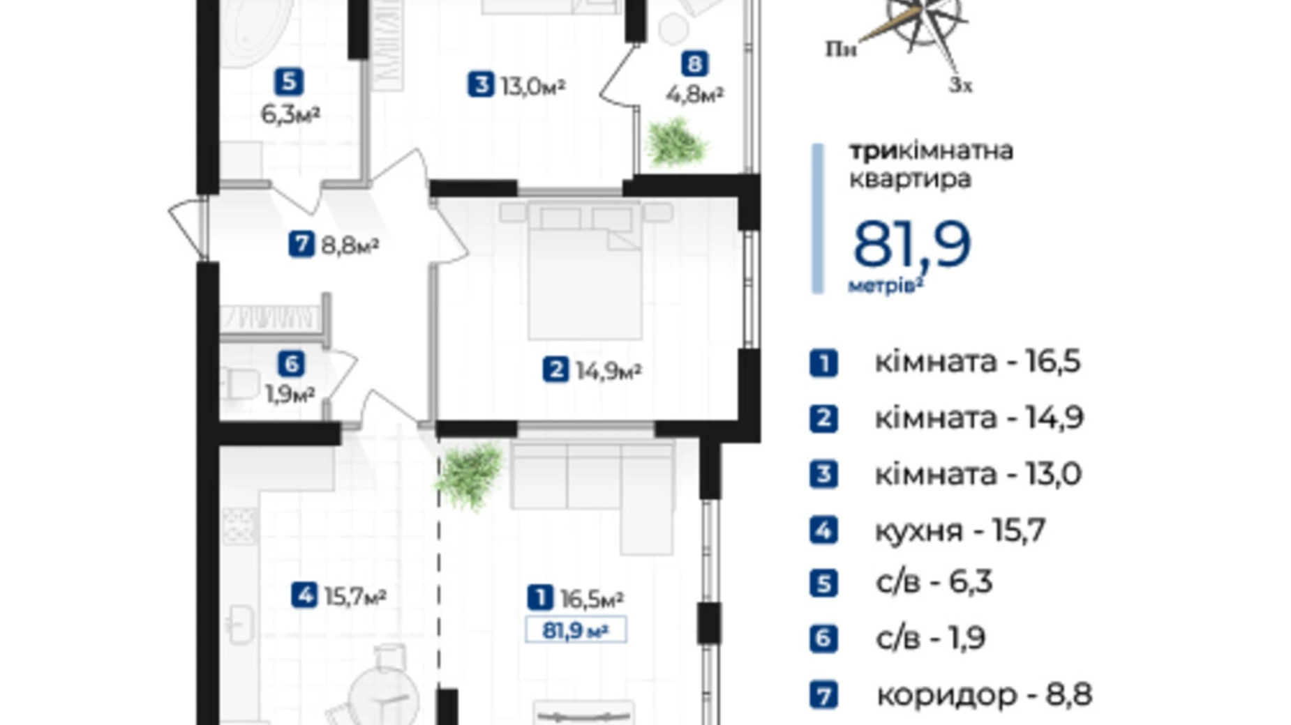 Продається 3-кімнатна квартира 81.9 кв. м у Івано-Франківську, вул. Хоткевича Гната - фото 2