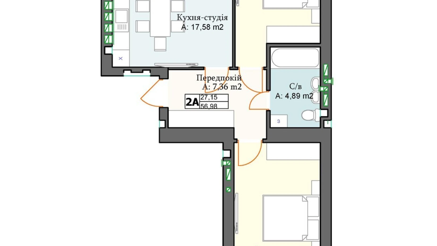 Продается 2-комнатная квартира 56.98 кв. м в, цена: 64102 $ - фото 2