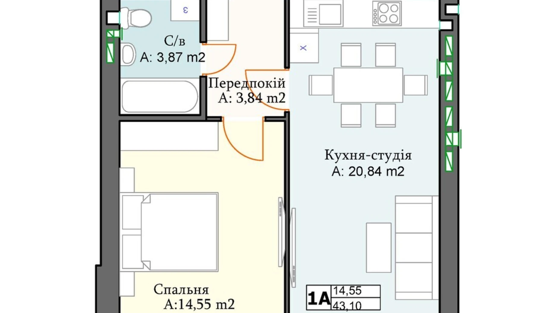Продается 1-комнатная квартира 43.1 кв. м в, цена: 50642 $ - фото 2