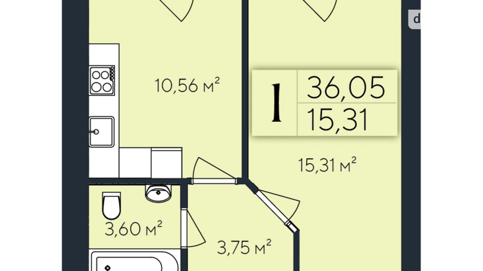 Продается 1-комнатная квартира 36.05 кв. м в Хмельницком, ул. Коновальца Евгения, 1 - фото 2