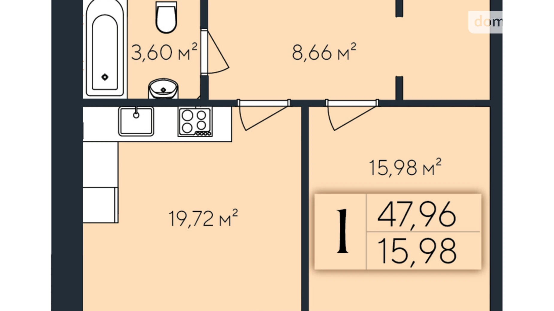 Продается 1-комнатная квартира 47.96 кв. м в Хмельницком, ул. Коновальца Евгения, 1 - фото 2