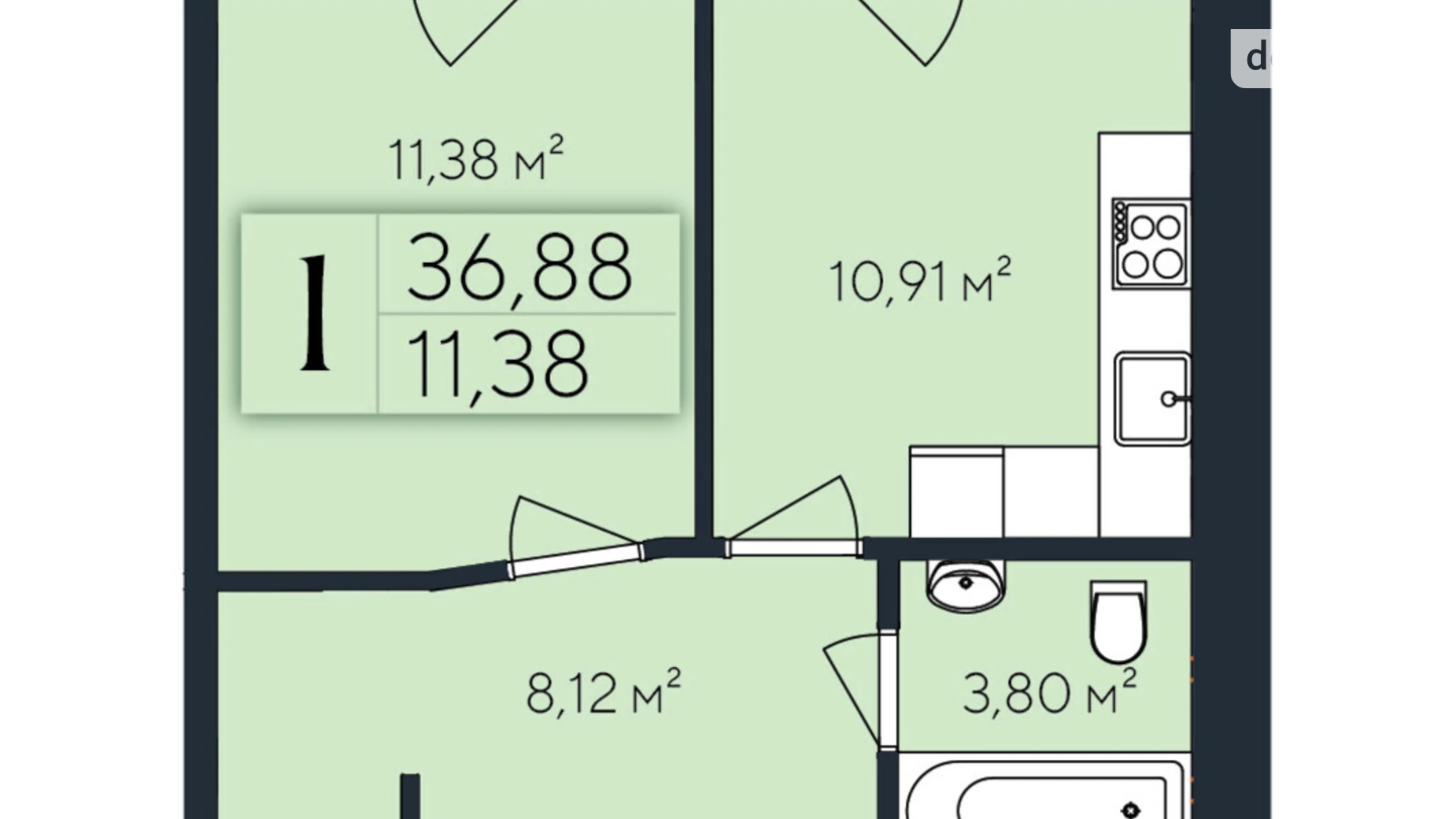 Продается 1-комнатная квартира 36.88 кв. м в Хмельницком, ул. Коновальца Евгения, 1 - фото 2