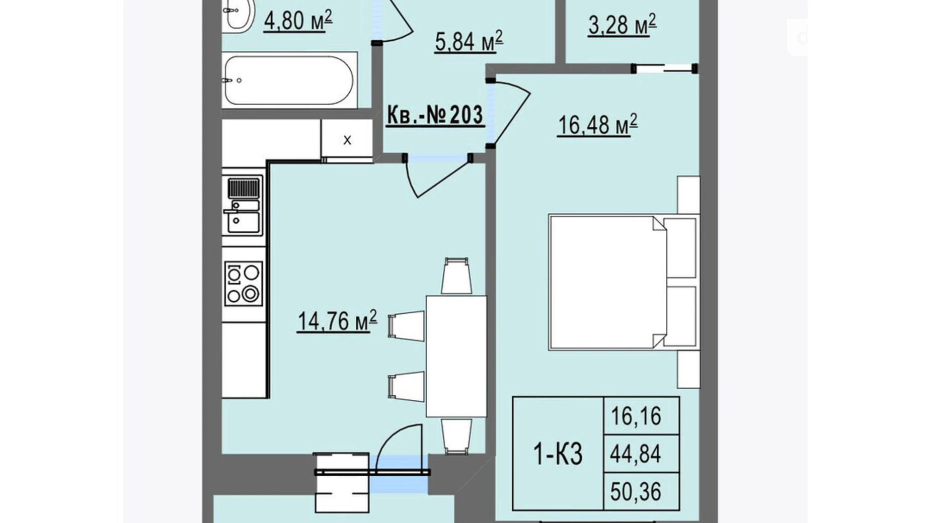 1-комнатная квартира 50.36 кв. м в Тернополе, ул. Сахарова Андрея Академика - фото 2