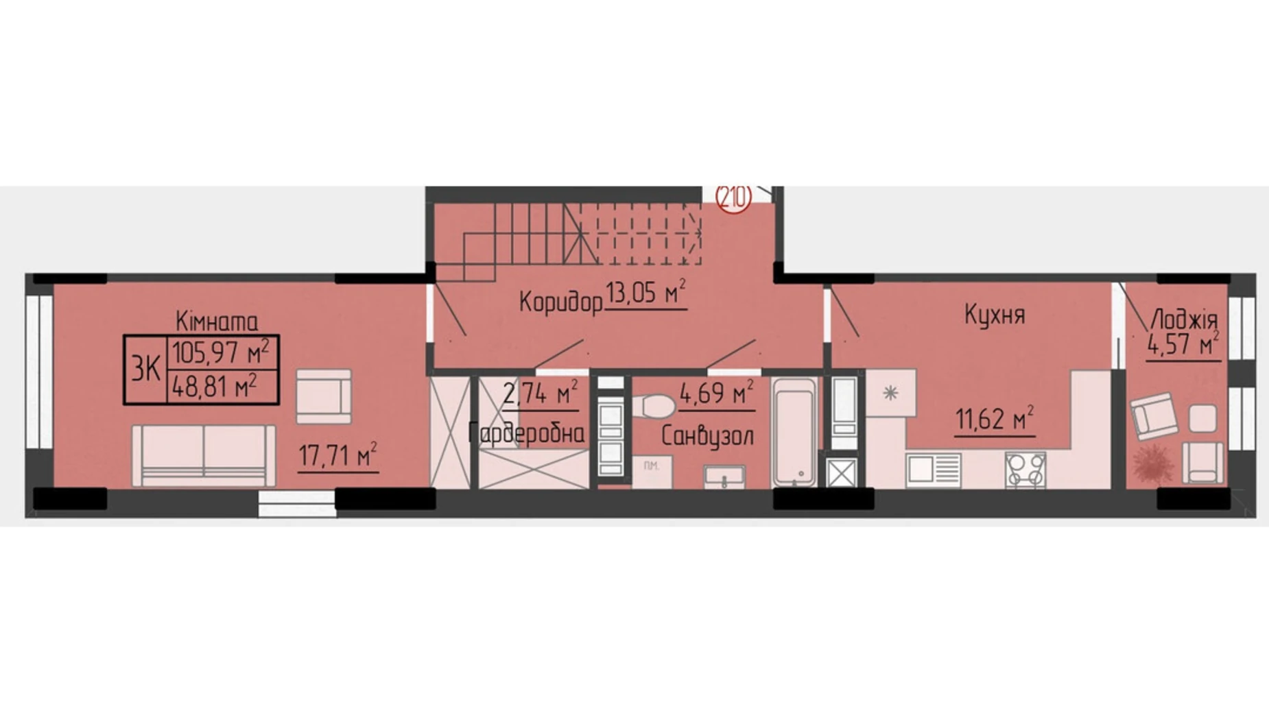 3-комнатная квартира 105.97 кв. м в Тернополе, ул. Яремы, 18 - фото 2