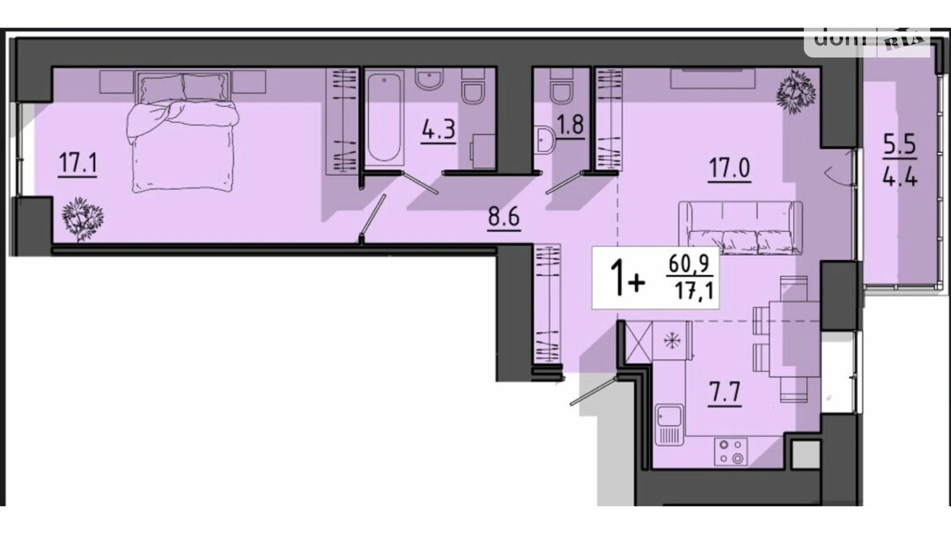 1-комнатная квартира 56.5 кв. м в Тернополе, ул. Генерала Мирона Тарнавского - фото 2