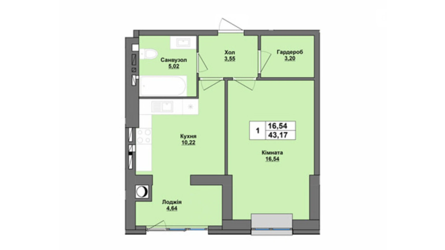 Продается 1-комнатная квартира 43.17 кв. м в Хмельницком, Старокостянтиновское шоссе, 5/5 - фото 2