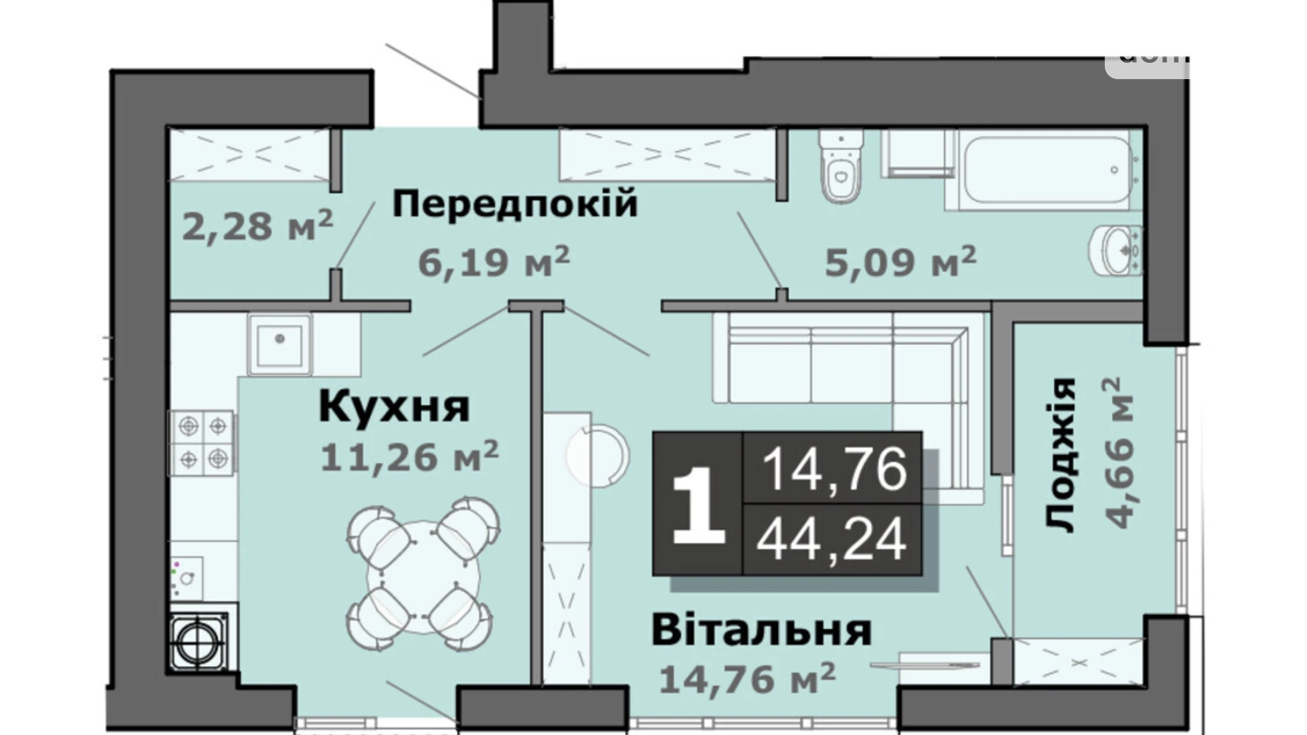 Продается 1-комнатная квартира 44.24 кв. м в, цена: 43305 $ - фото 4